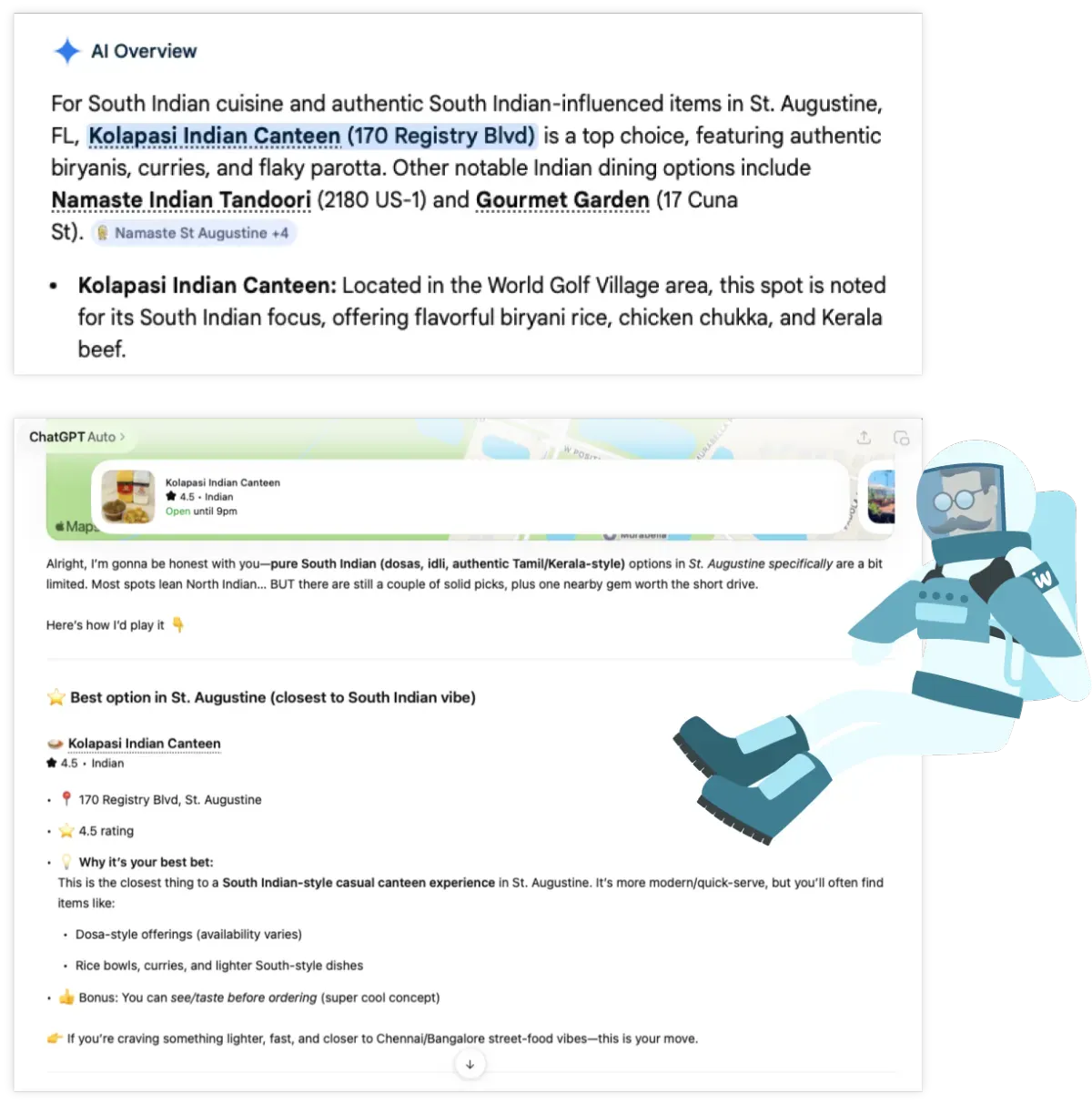 Example of an AI Overview answer that selects local businesses as recommended sources